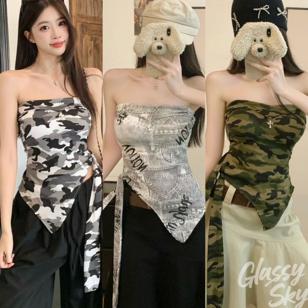 Glassy Sky😜พร้อมส่ง เสื้อเกาะอกเสริมฟองน้ำ ดีเทลลายทหารเท่ๆมีสไตล์น่ารักมาก เสื้อยืดแฟชั่นเกาหลี( FY66033 )
