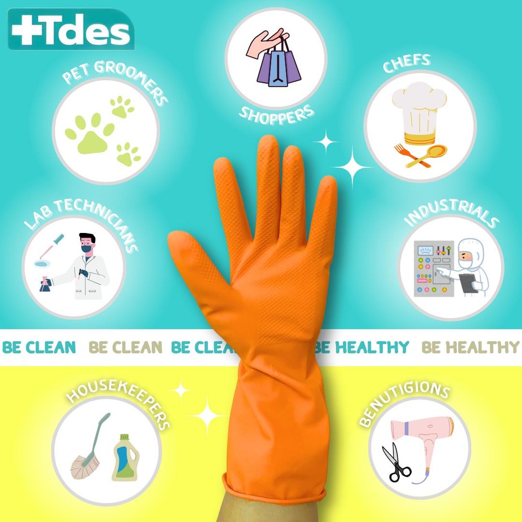 Tdes ถุงมือแม่บ้าน 2ชิ้น , 24ชิ้น สีส้ม ป้องกันสิ่งสกปรกและสารเคมี - รูปที่ 3