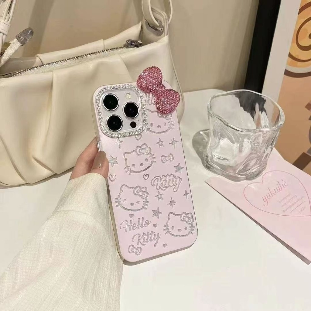 เคส iPhone ลายโบว์ 3 มิติสุดน่ารัก พร้อมลายการ์ตูน Kitty Iphone 14 16 15 Pro max 13 plus 12 11 XS XR