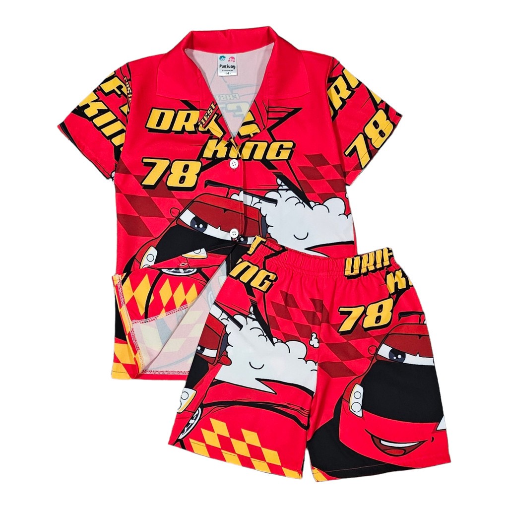 (H893#3) ชุดเด็ก เซ็ตเสื้อฮาวาย+กางเกงขาสั้น ผ้าไหมอิตาลี ลายการ์ตูนรถแข่ง เสื้อผ้าเด็กแฟชั่น ชุดครอบครัว