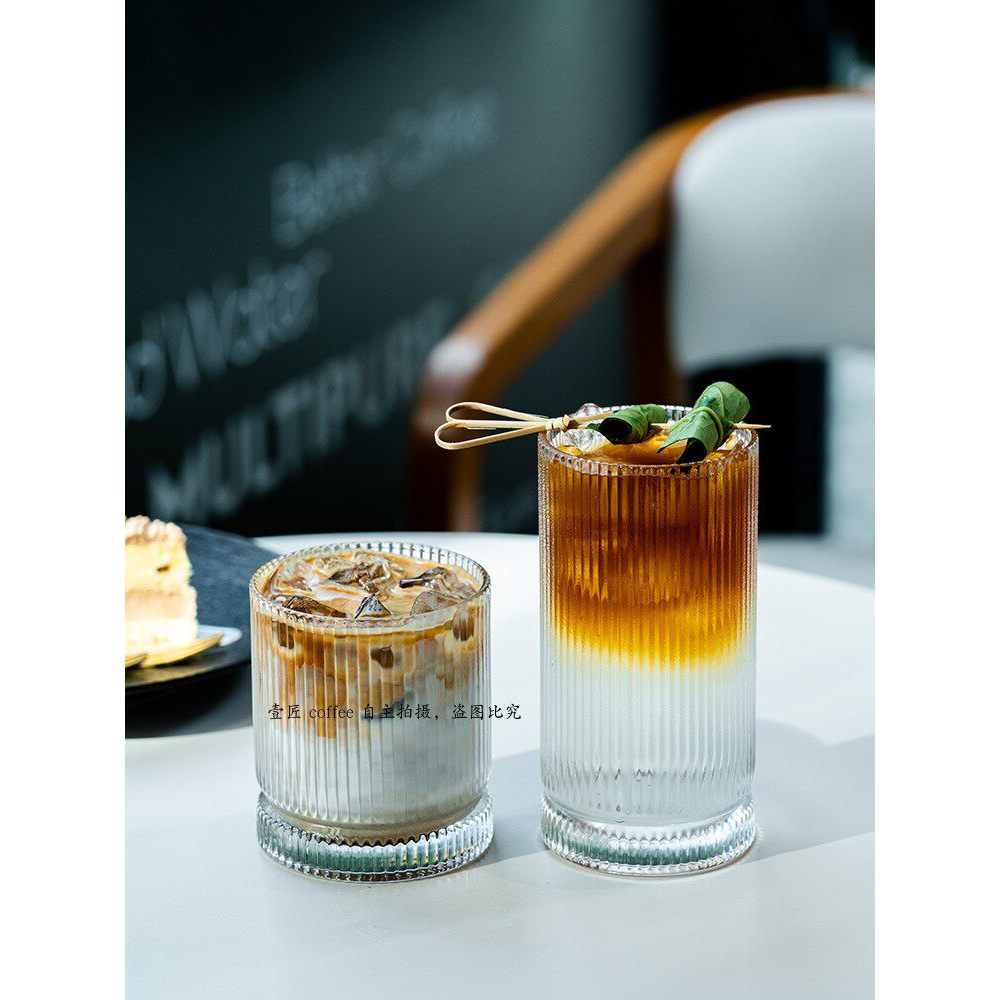 Yijiang ถ้วยกาแฟแก้วทนความร้อนลายแนวตั้ง Retro Ice American Latte Cup ร้านอาหารเครื่องดื่มเชิงพาณิชย