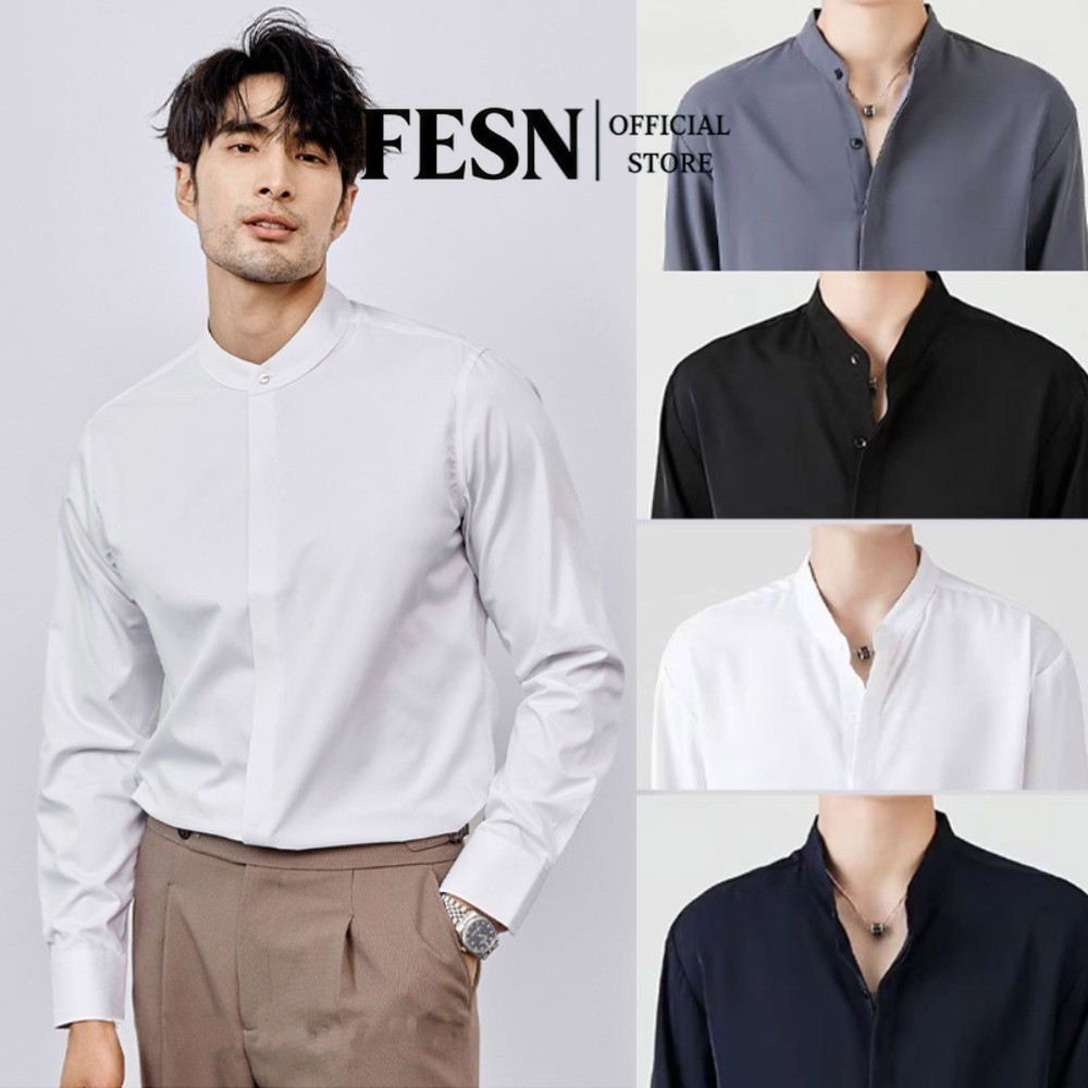 เสื้อคอจีน แขนยาว สีธรรมดา แฟชั่นเกาหลี เสื้อเชิ้ตแขนยาว ผู้ชาย ทำงาน สีขาว เนื้อผ้านุ่ม ใส่สบาย ไม่ร้อน ไม่ต้องรีดด