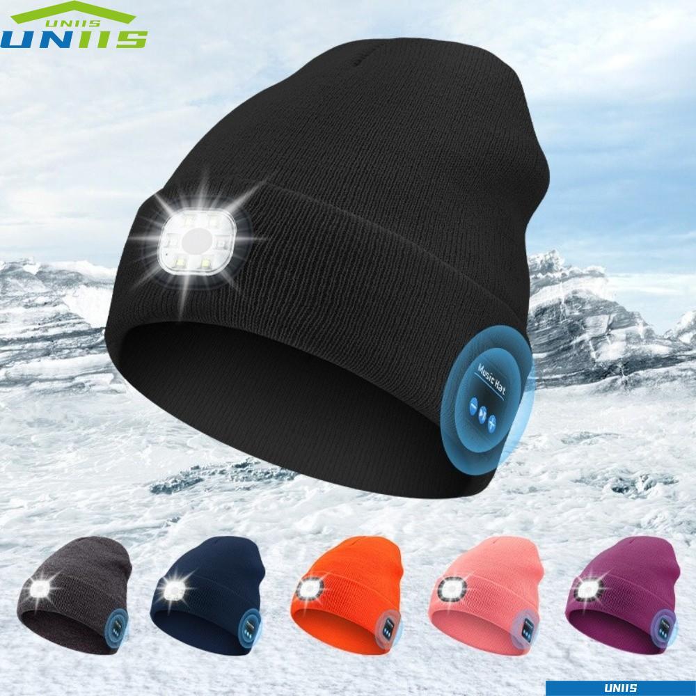 UNIIS ไฟหน้า, หูฟังแบบถอดได้ หมวกบีนนี่บลูทูธ, ไมโครโฟนลําโพงแบบชาร์จไฟได้เฉพาะพร้อมไฟ LED หมวกตกปลา