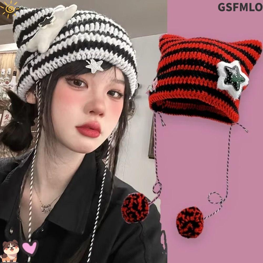 GSFMLO Star Devil หมวก, Y2K น่ารักลาย Y2K หมวกบีนนี่, หูชี้เสื้อสวมหัวถักหมวกหมวกฤดูใบไม้ร่วงฤดูหนาว