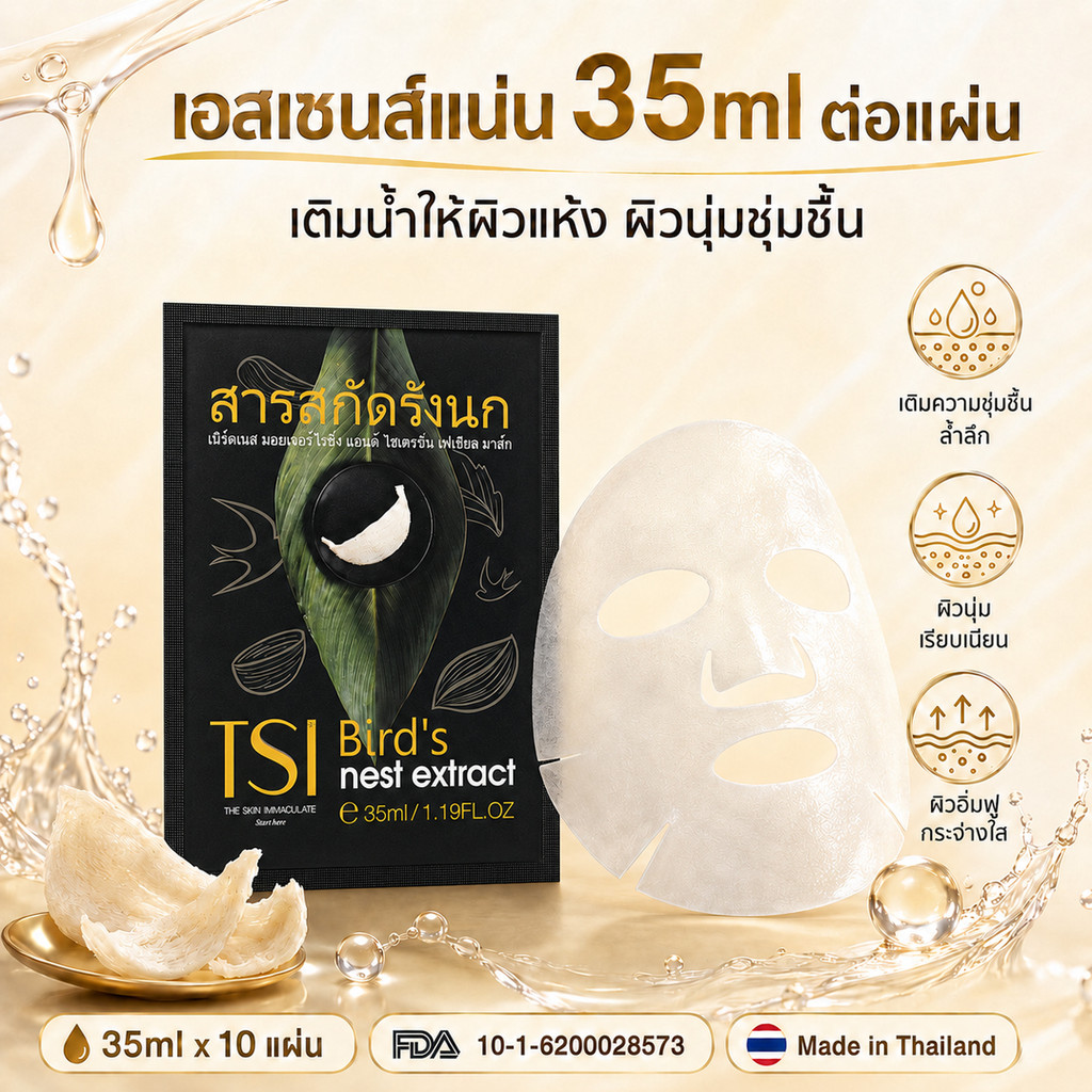 TSI มาส์กเพิ่มความชุ่มชื้น เอสเซนส์รังนก ลดริ้วรอย ทำความสะอาดผิวหน้า กระชับรูขุมขน บำรุงผิว ชุ่มชื้น ไม่ระคายเคือง