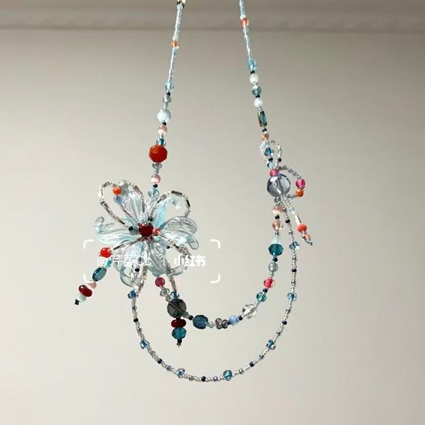 Original Design Ice Blue Iris Double-Layerสร้อยคอลูกปัดหญิงCool Feel Niche High-End Clavicle Chain A