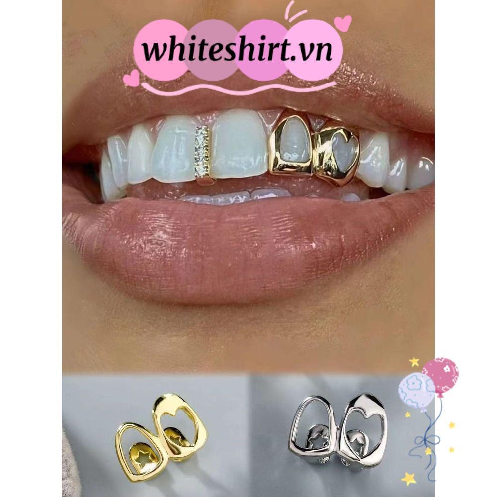 WHITESHIRT Grillz, Shiny Gold Color Hip Hop Tooth Grillz, Hollow Heart Copper Double Heart Tooth Cap