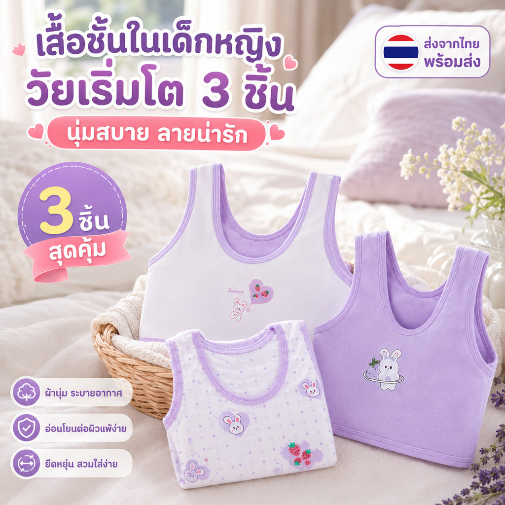เสื้อกล้ามบราเด็กโตผู้หญิง แพ็ค 3 ตัว ไม่มีโครง ผ้าฝ้ายบางเบา ใส่สบายทุกวัน
