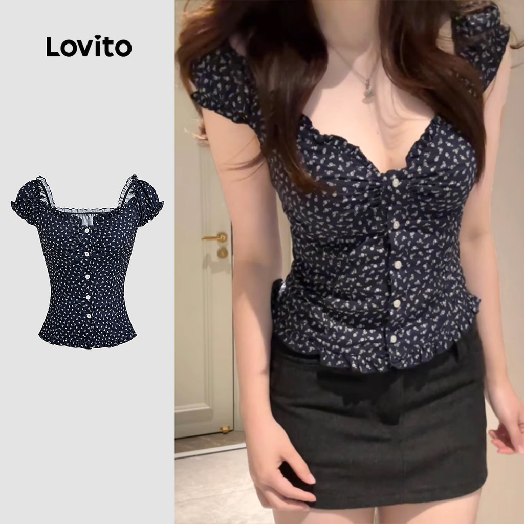 Lovito แคชชวล เสื้อเชิ้ตแบบสบาย ๆ ลายปุ่มแต่งขอบเผ lettuce ฤดูใบไม้ผลิ/ฤดูร้อน สีน้ำเงินเข้ม L139AD256