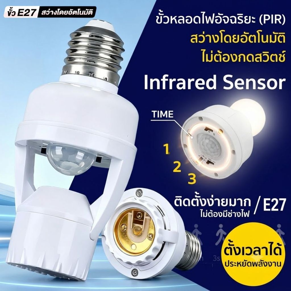 ขั้วหลอดไฟเซ็นเซอร์ E27 สวิตช์ไฟตรวจจับการเคลื่อนไหว 360 องศา ไฟเซ็นเซอร์อัจฉริยะ เปิดปิดเอง