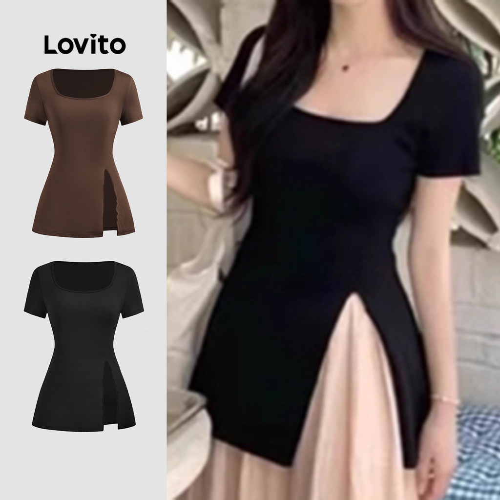 Lovito เสื้อยืดคอวีผ่าหน้าสีพื้นลำลองสำหรับผู้หญิง L121AD1187