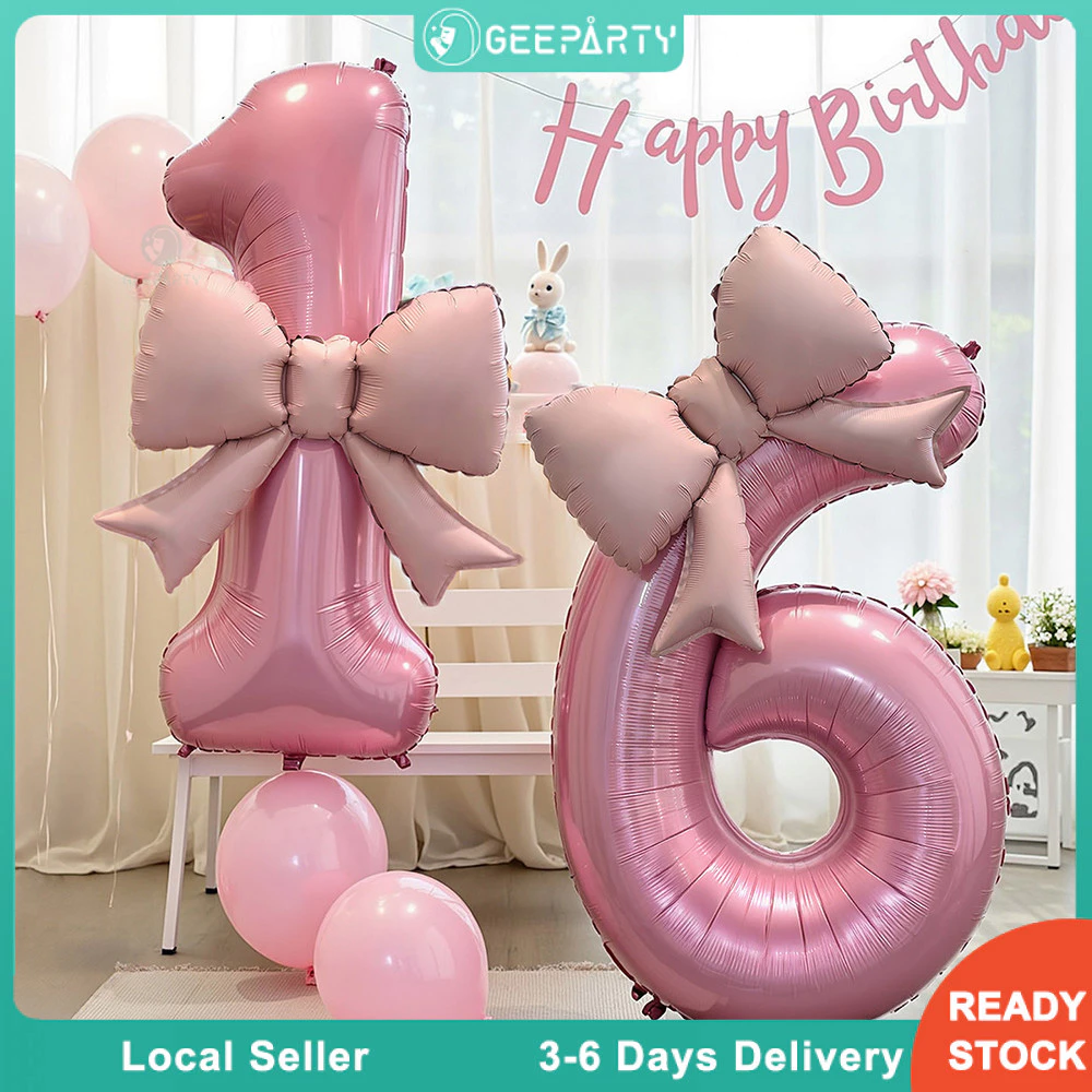 GeeParty ลูกโป่งวันเกิดตัวเลขสีชมพู 3 ชิ้น พร้อมโบว์ ฟอยล์บอลลูนธีมเจ้าหญิง ของตกแต่งงานวันเกิดเด็กผู้หญิง งานปาร์ตี้