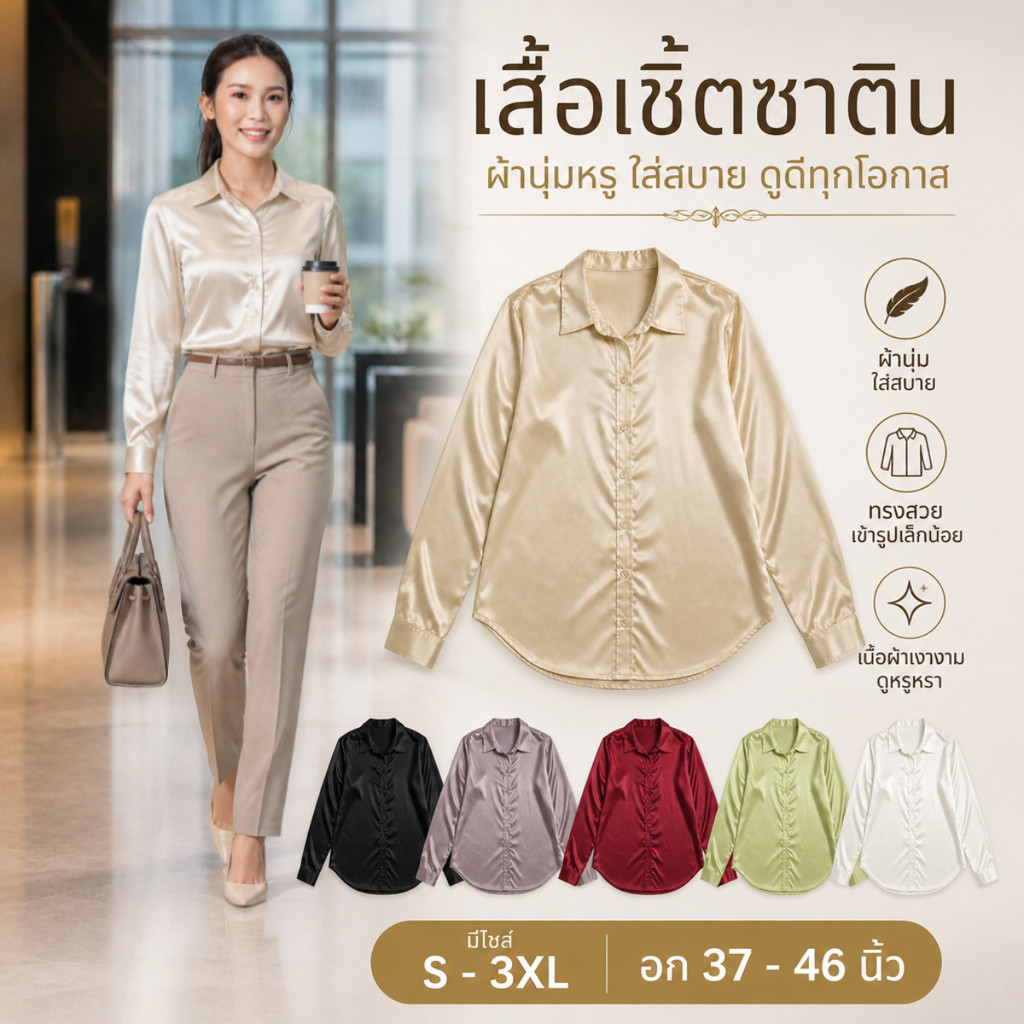 เสื้อเชิ้ตผ้าซาตินพรีเมียม S-3XL แขนยาวเนื้อนุ่มทิ้งตัว ลุคทำงานเรียบหรูดูแพงคอมพลีทสไตล์คุณหนู