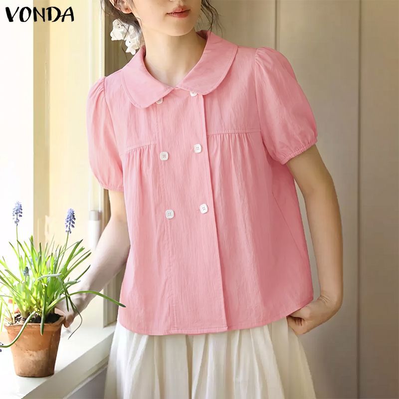 VONDA ผู้หญิงสาวเกาหลีสไตล์สาวคอตุ๊กตาพัฟแขน Double-Breasted หลวมธรรมดา A-Line เสื้อ — صورة 5
