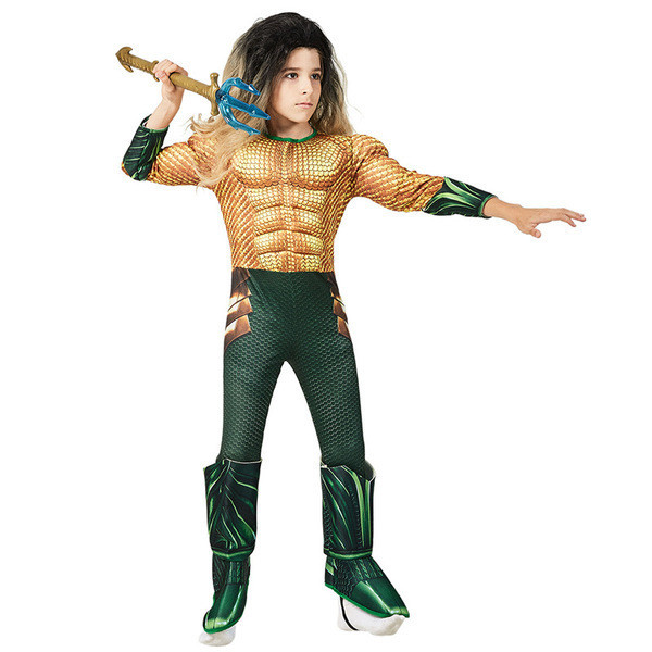 Superhero Aquaman กล้ามเนื้อแต่งตัวภาพยนตร์รูปคอสเพลย์คอสเพลย์เครื่องแต่งกาย Trident COS