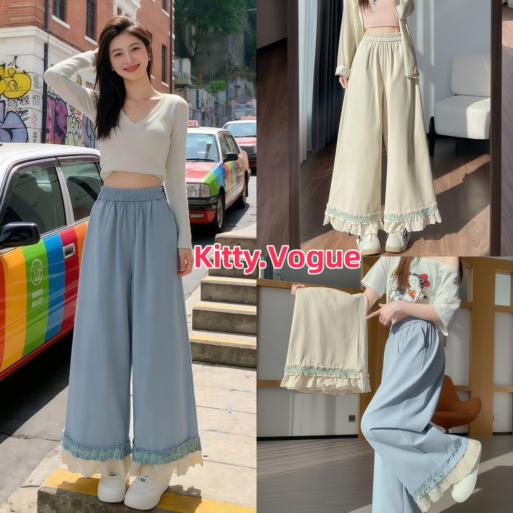Kitty.Vogue กางเกงขากว้างผู้หญิง ปลายขากางเกงลูกไม้ ระบายเอวยางยืด มี 2 สีให้เลือก สไตล์เกาหลี FY3228