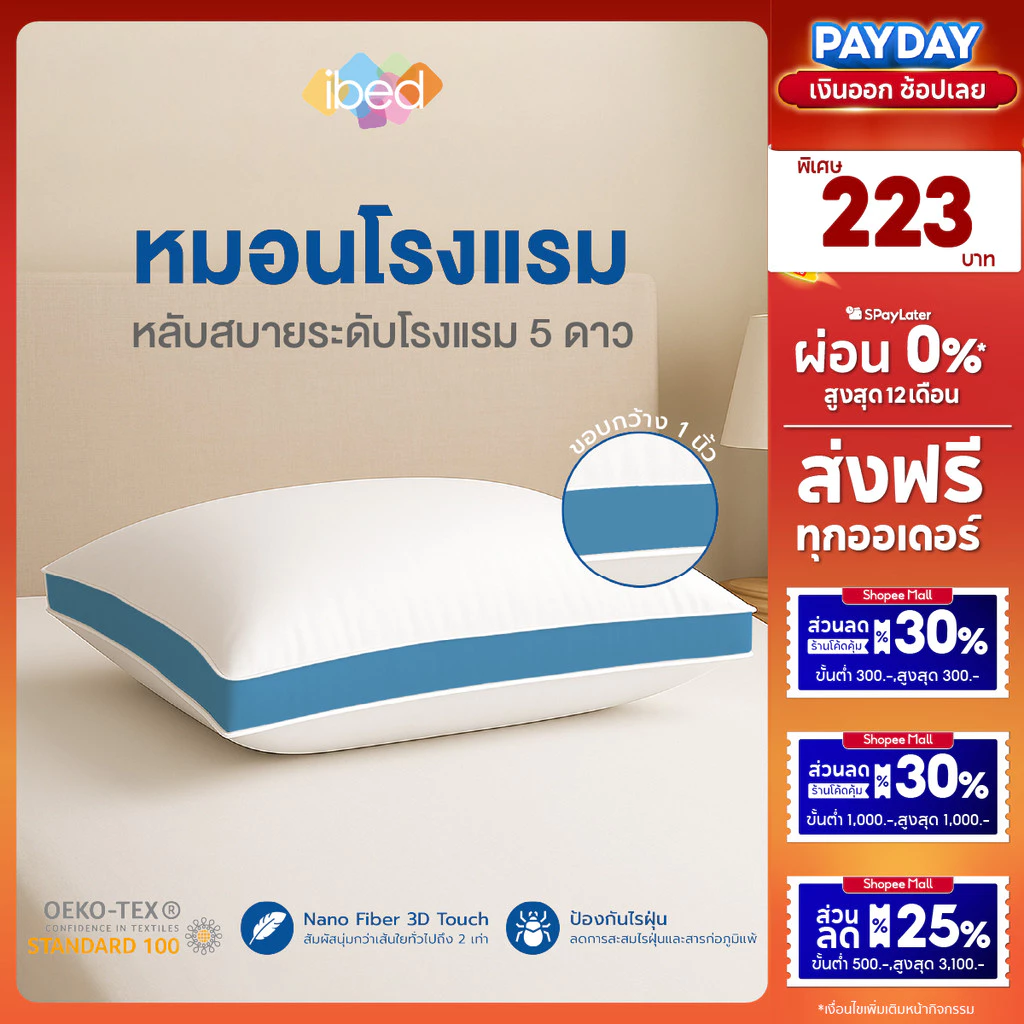 ibed หมอนหนุนโรงแรม Sof-touch สัมผัสนุ่มแบบ 3D รุ่น I และ II ป้องกันไรฝุ่น ซักเครื่องได้ หลับสบาย