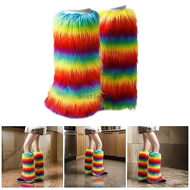 MIS เครื่องอุ่นขาขนยาวแบบนุ่มสําหรับสุภาพสตรีผ้าคลุมบูตสีสันสดใสสีรุ้งฤดูหนาวมีสไตล์