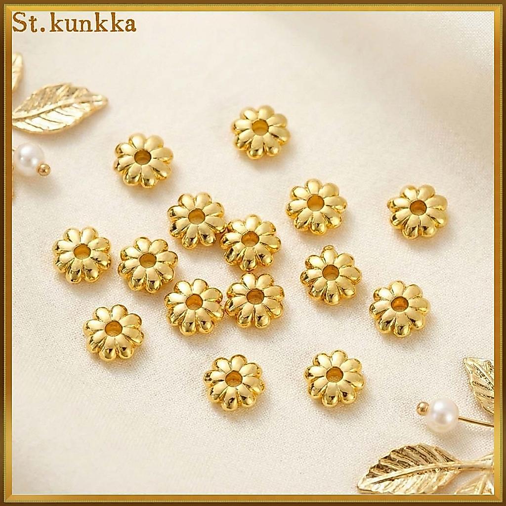 ลูกปัดแบนลายดอกทานตะวัน ชุบทองแท้ 18K สีติดทนนาน อุปกรณ์วัสดุร้อยลูกปัด DIY