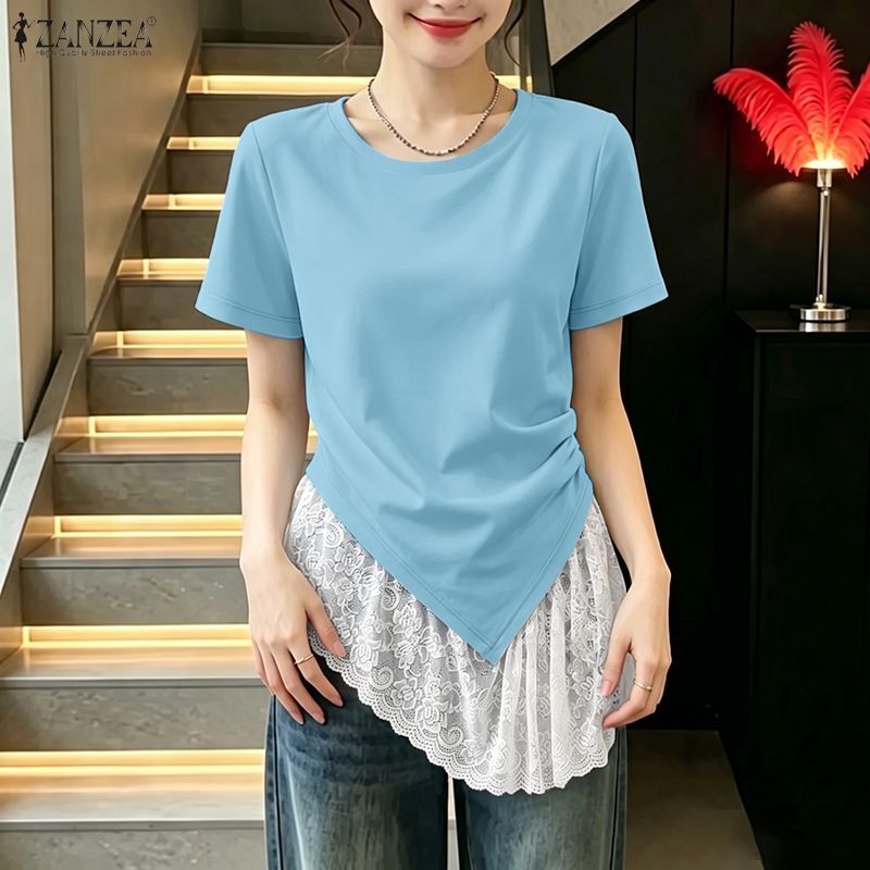 ZANZEA แขนสั้นคอกลมลําลองเกาหลีสําหรับผู้หญิงพร้อมเสื้อเฮ็มไม่สมมาตร — صورة 5