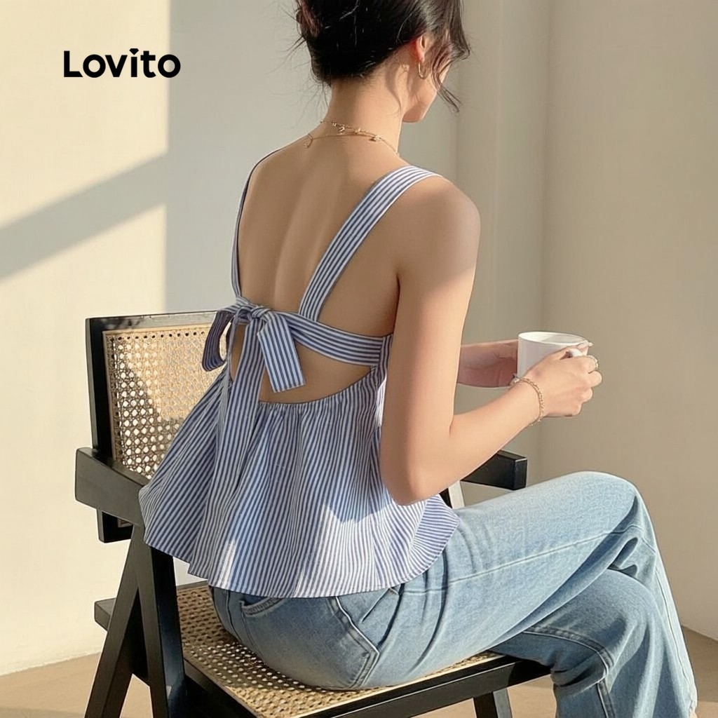 Lovito โบโฮ เสื้อเชิ้ตผู้หญิงผูกโบว์ด้านหลังสีฟ้าสําหรับฤดูใบไม้ผลิฤดูร้อน L164LD126