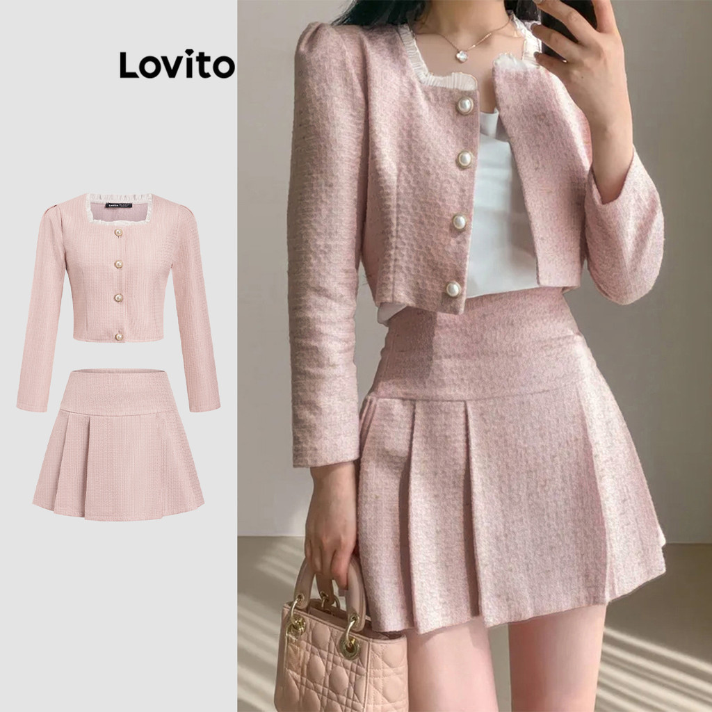 Lovito ชุดเซ็ทกระโปรง แต่งจีบ กระดุมหน้า สีพื้น สไตล์ลำลอง LNM79416