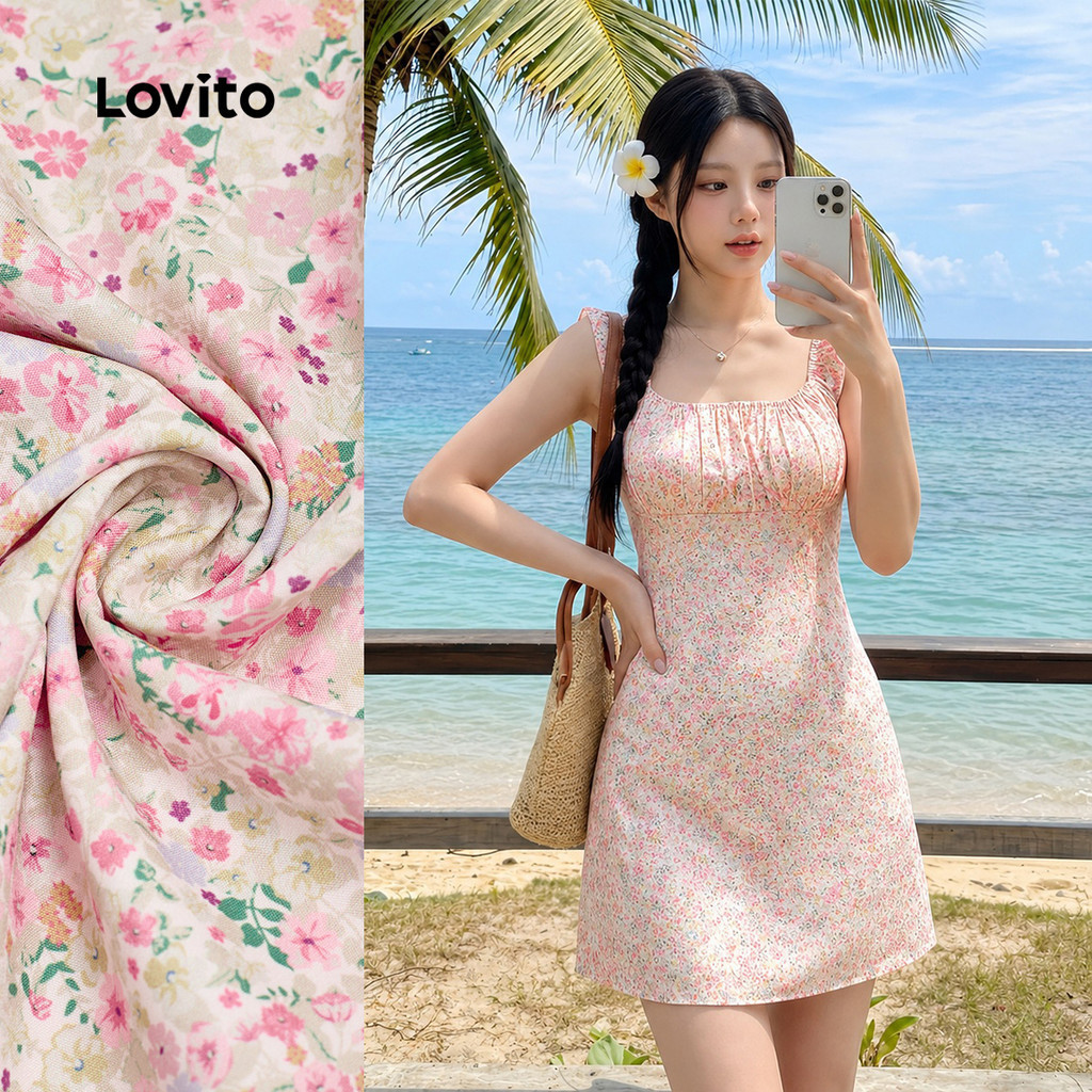 Lovito โบโฮ เสื้อน่ารักสำหรับวันสงกรานต์ ผูกด้านหน้า ติดกระดุม เสื้อสำหรับฤดูใบไม้ผลิ/ฤดูร้อนสำหรับผู้หญิง L179AD074