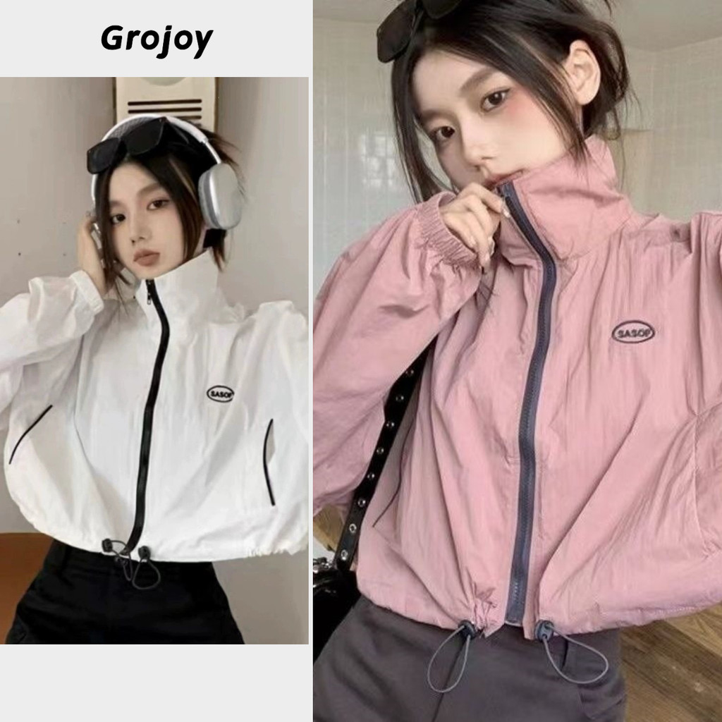 ((คลังสินค้าพร้อม) 2026 Ladies Top Retro Hot Girl Drawstring Long Sleeve Sunscreen Short Jacket [Grojoy] GL0156 #