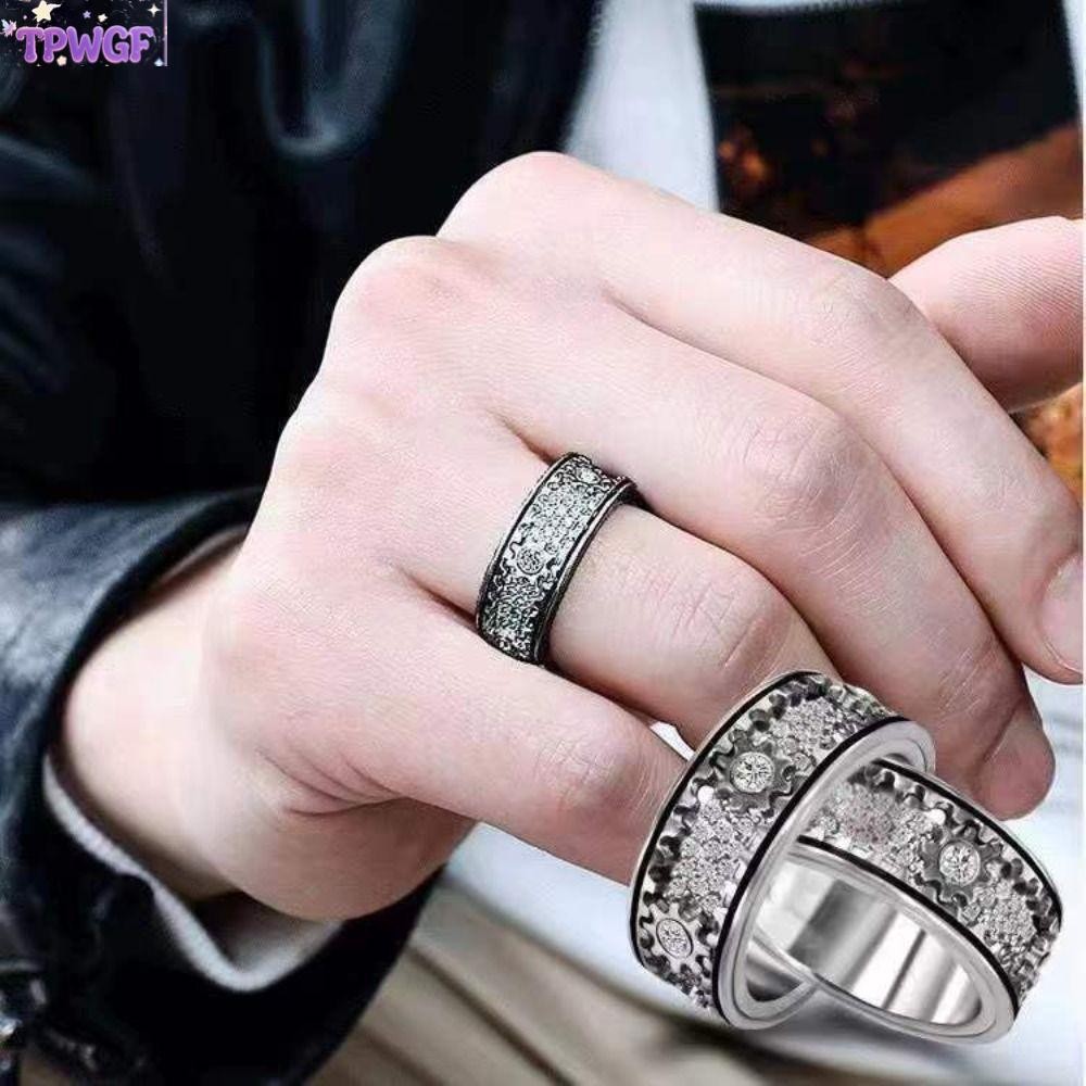 TPWGF Gear Spinner Rings Handmade Mechanical Diamond Band Ring