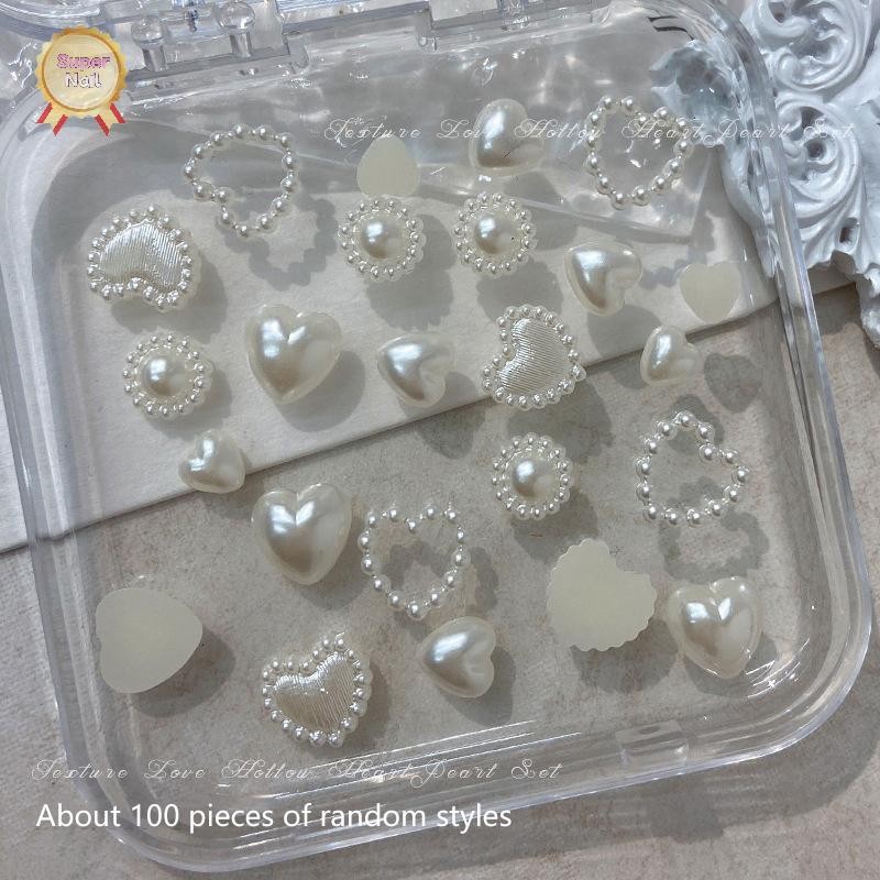 Flth พลอยเทียม ไข่มุก รูปหัวใจ 3D คละแบบ สําหรับตกแต่งเล็บ 100 ชิ้น ต่อถุง