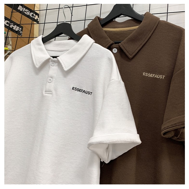 PROMAN เสื้อโปโลผู้ชาย แขนสั้น ลายวาฟเฟิล ปักลาย ปกพับ แนววินเทจ ยอดนิยม แฟชั่น ใส่สบาย รูปที่ 3