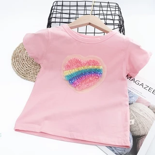 ใหม่ เสื้อยืดผ้าฝ้าย 100% แขนสั้น ปักลายหัวใจ สีรุ้ง สําหรับเด็กผู้หญิง 2026 P980