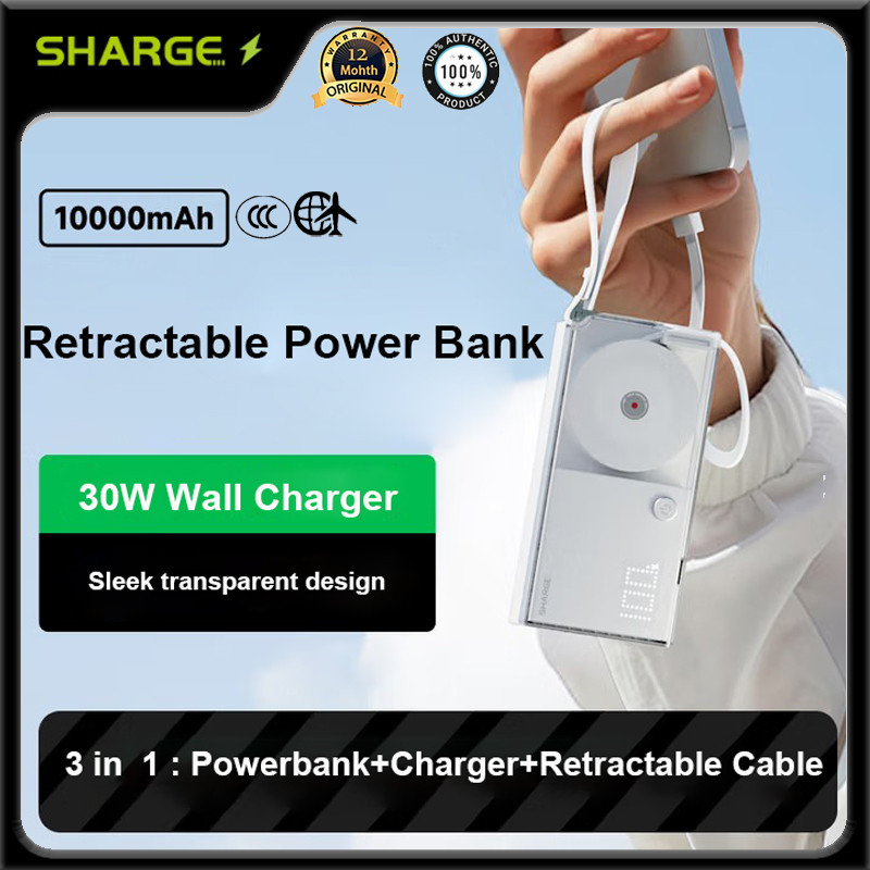 SHARGE 10000mah Powerbank 3-in-1 แบบพกพา Fast Charger Power Bank ในตัวสายแบบพับเก็บได้ปลั๊ก AC แบบพั