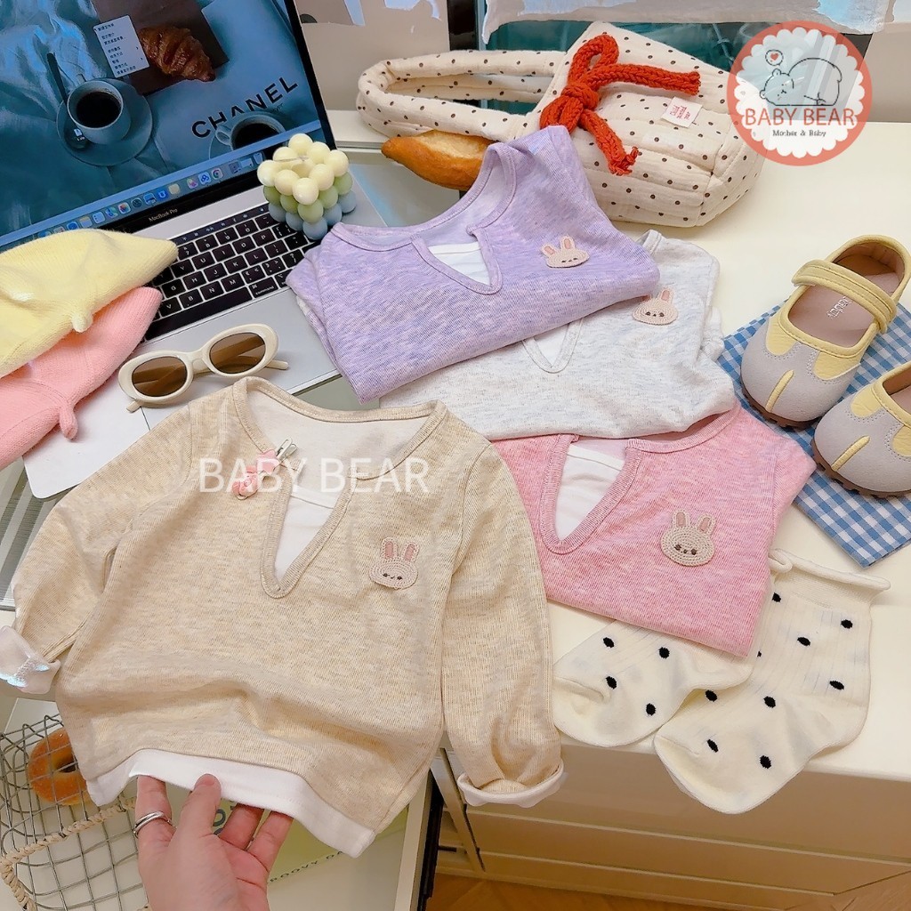 เสื้อยืดแขนยาวเด็ก เสื้อแขนยาวเด็ก เสื้อยืดเด็กผู้หญิง แต่งดีไซน์ 2 ชั้น สไตล์เกาหลี