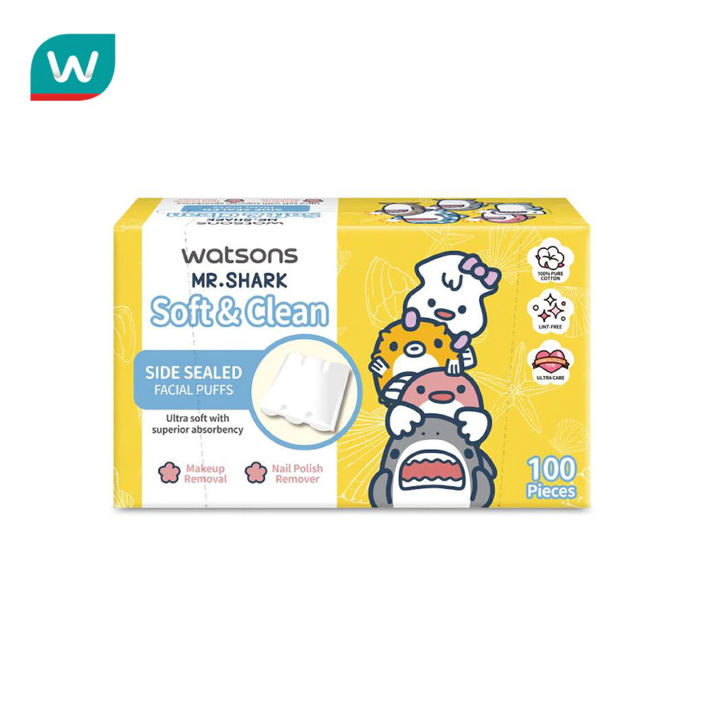 Watsons วัตสัน สำลีแผ่นรีดข้าง 100 แผ่น (Mr. Shark).