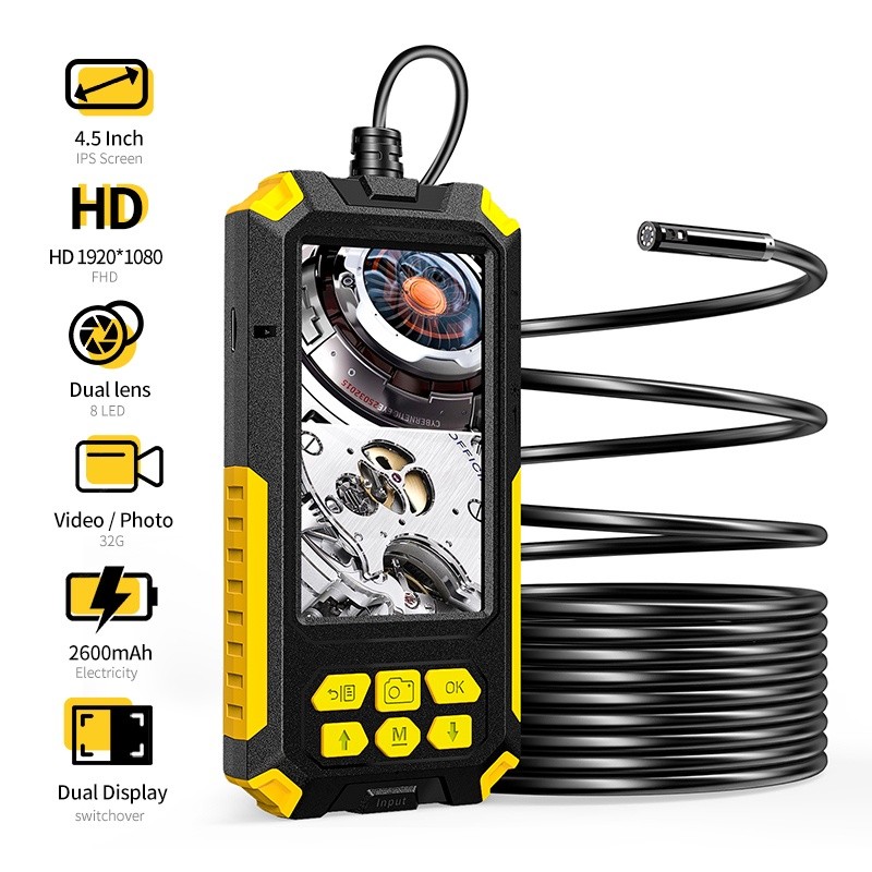 4.5 นิ้วหน้าจอ IPS Dual เลนส์อุตสาหกรรม Endoscope 2.0 MP Bore ขอบเขตกล้องงู IP68 ท่อระบายน้ํากล้องตรวจสอบ 8 LED