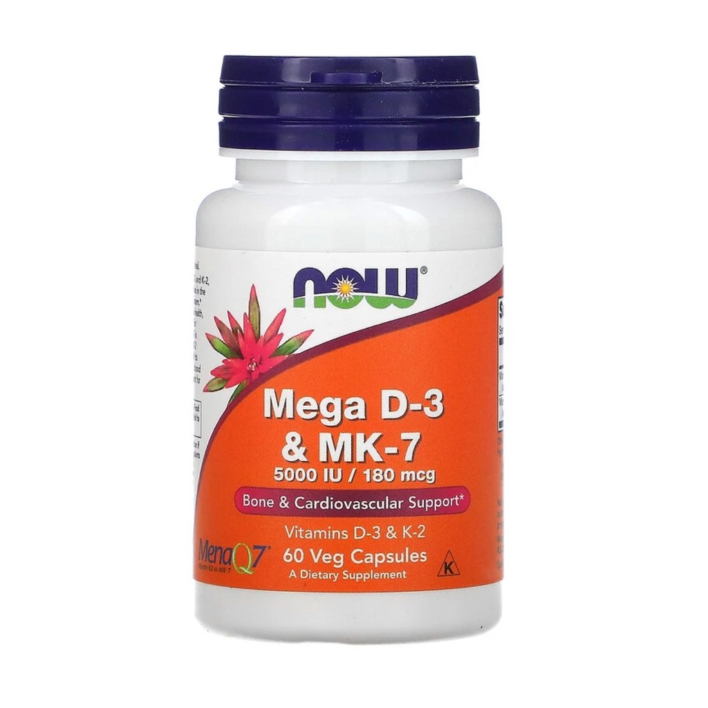 [ วิตามิน D3 & MK-7 (K2) ] Now Foods, Mega D3 & MK7,180 mcg (5,000 IU) x 60 แคปซูล (Veg Capsules)