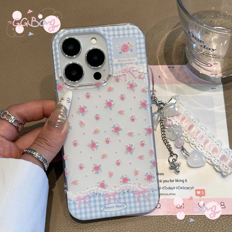 เคสไอโฟน 16 11 สำหรับ IPhone 15 13 11 16 14 12 Pro Max 15 16 14 Plus Plaid ชมพูโบว์ดอกไม้สร้อยข้อมือใหม่ IMD ปก TPU อ่อน