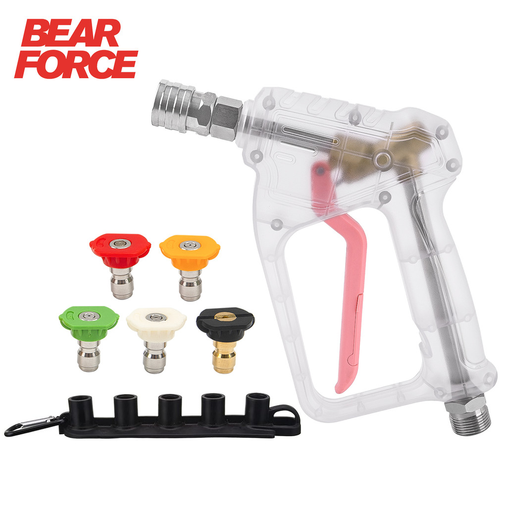 BEAR FORCE ชุดปืนเครื่องซักผ้าแรงดันไฟฟ้าสีแดง - 150 บาร์แรงดันสูงสุดพร้อมขั้วต่อที่รวดเร็ว 1/4 "และเคล็ดลับหัวฉีดสเปรย์ 5 ชิ้น
