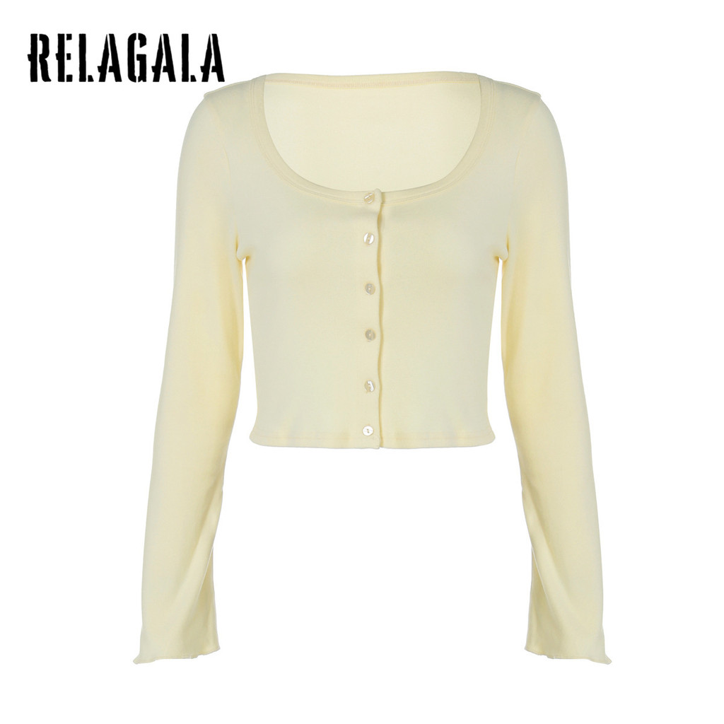 RELAGALA เสื้อครอปแขนยาวผู้หญิง U-neck สไตล์ STREET CASUAL