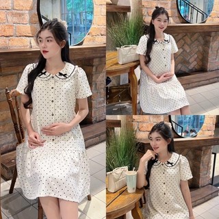 Đầm bầu chấm bi cổ sen đính nơ dễ thương, gọn dáng Váy Bầu Năng Động