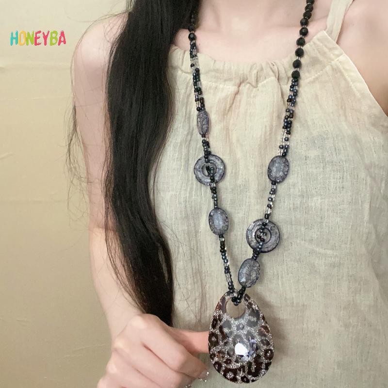 <Honeyba>ชาติพันธุ์Sleรอบเรซิ่นเสือดาวเสื้อกันหนาวยาวสร้อยคอRetroคริสตัลจี้หญิงเครื่องประดับคออุปกรณ