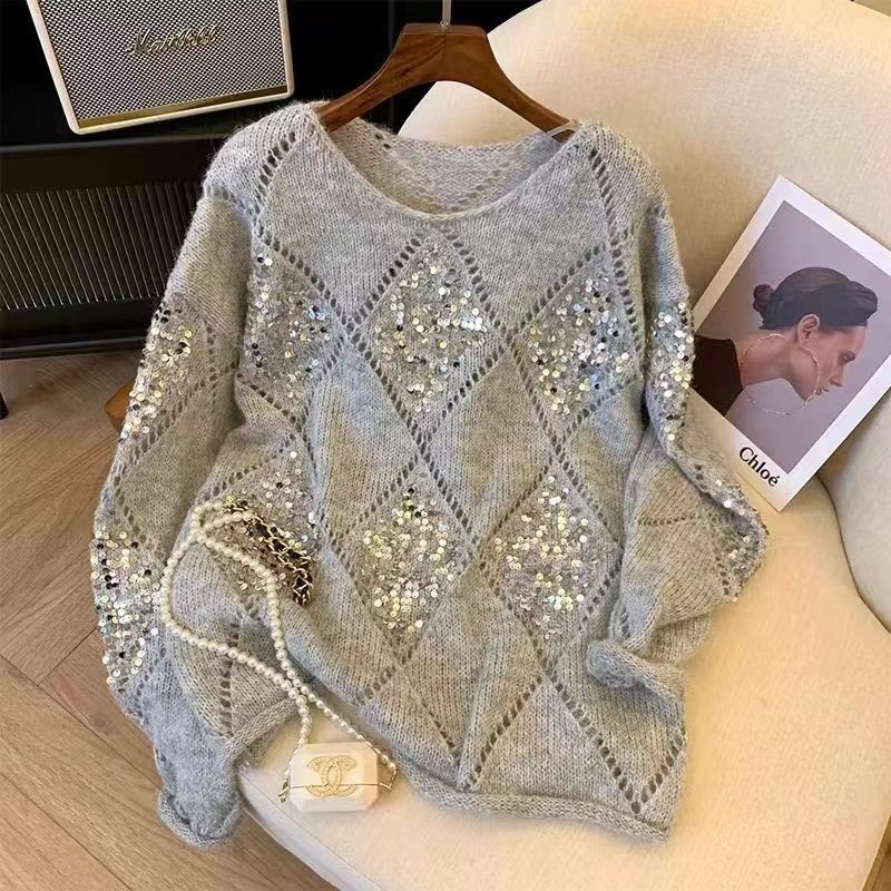 เสื้อกันหนาวสวมหัวแบบเลื่อมหลวมและเพชรกลวง แฟชันใหม่สำหรับฤดูใบไม้ร่วงและฤดูหนาว