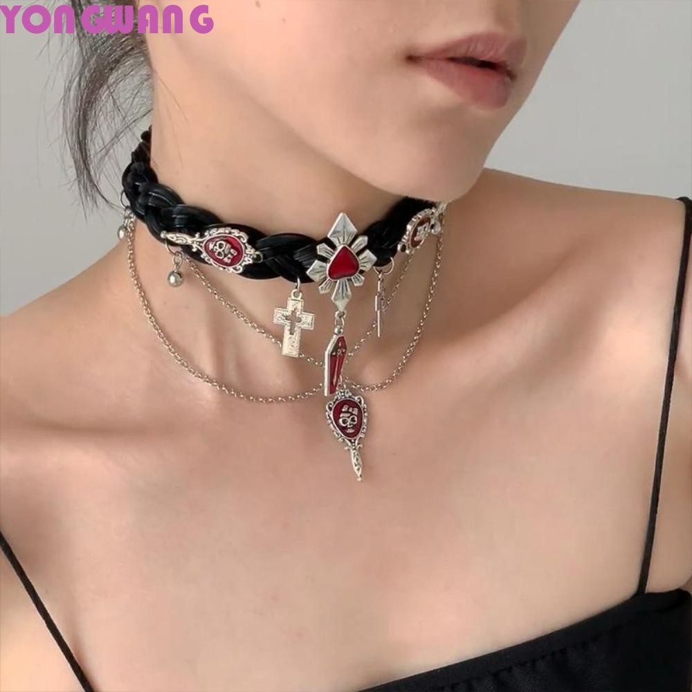 YONGWANG66HR ฮาโลวีน Skull Choker, Corss Skeleton Y2K สร้อยคอหนัง, Hiphop Red Heart อุปกรณ์เสริมพู่ส