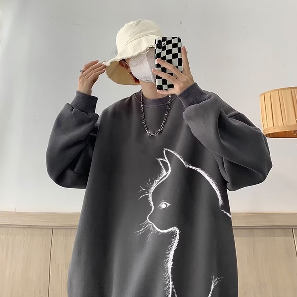 COD 2025 Crew Neck Long Sleeve Sweatshirt Men Autumn Loose Plus Size Fleece Retro Trendy Brand Men L