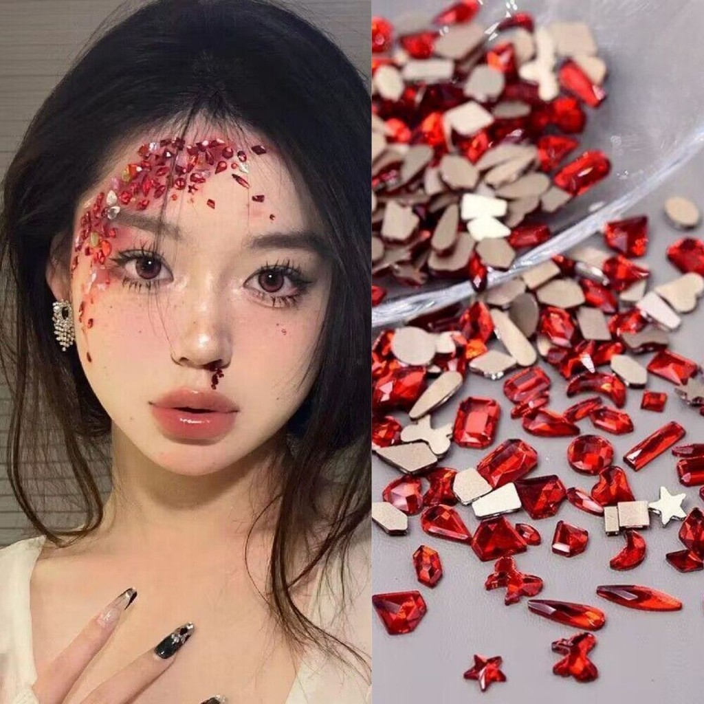 万圣节红钻脸部装饰品cos贴脸泪钻仿妆美甲饰品受伤血水钻音乐节Halloween red diamond face decorations cos face20250928