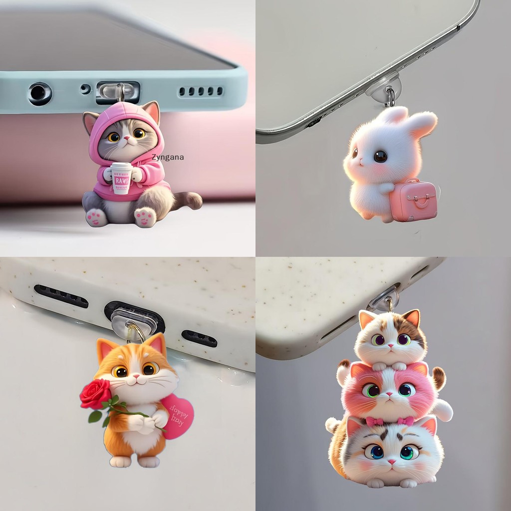 Zyngana 2D แบนอะคริลิคแมวโทรศัพท์ปลั๊กฝุ่นอุปกรณ์ตกแต่งสําหรับ Iphone Type-C อินเทอร์เฟซปลั๊กฝุ่นแขวนตกแต่ง TH