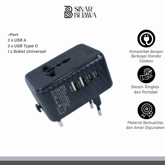 อะแดปเตอร์สําหรับเดินทางอเนกประสงค์หลายพอร์ต USB Type C UK EU USA 3.4A
