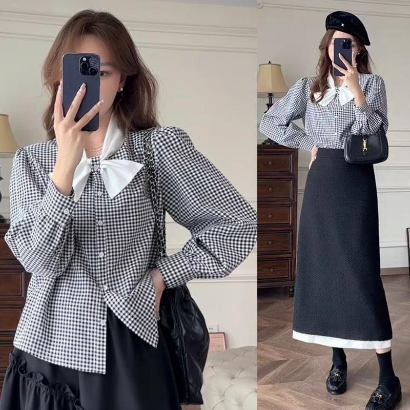 Dahong 💖 W669  เสื้อเชิ้ตลายสก๊อตแขนยาวคอปกผู้หญิงขนาดใหญ่ Retro เสื้อเกาหลีแฟชั่น ผ้าไม่ติดตัว ใส่สบาย