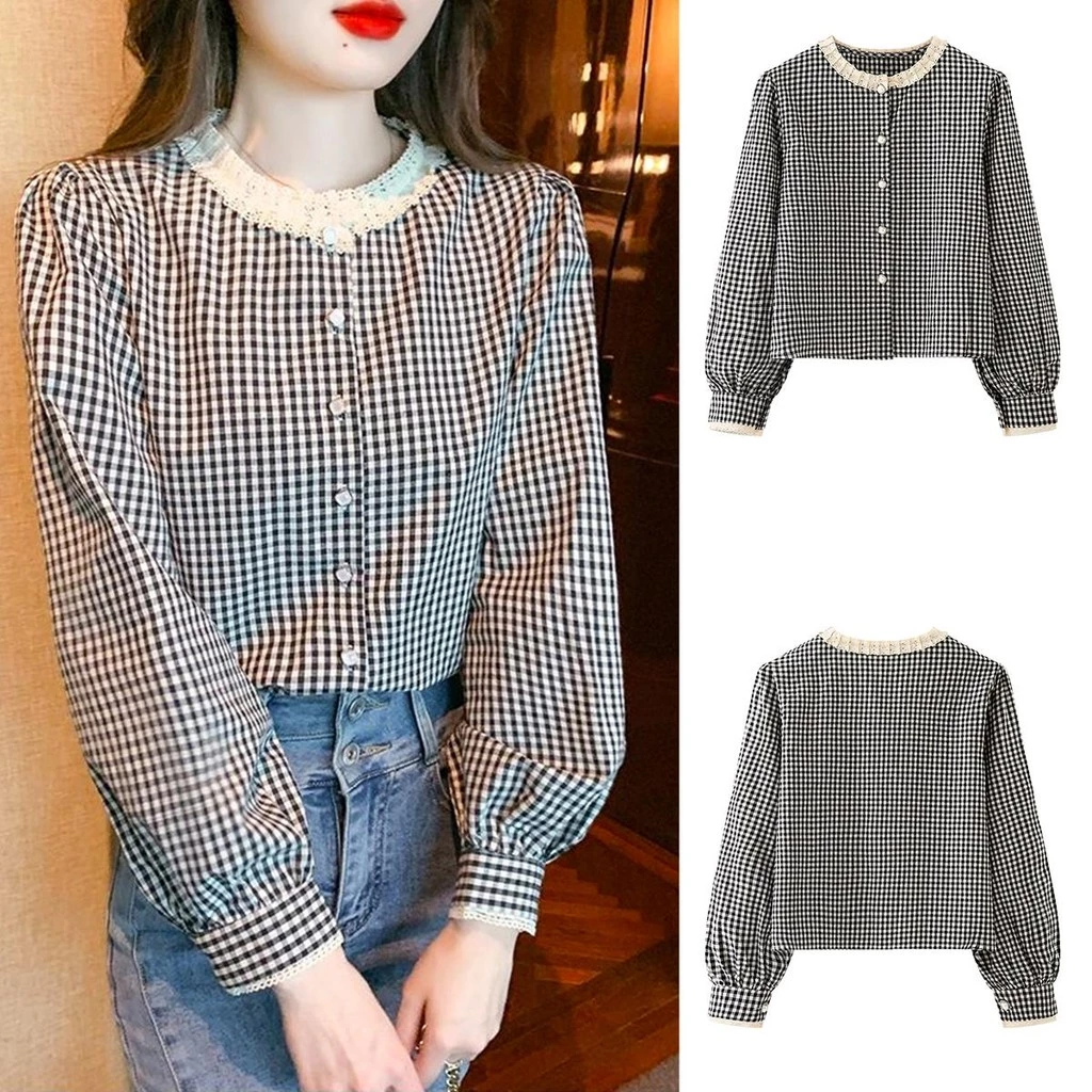 Chili Koko เสื้อเชิ้ต ลายสก็อต สไตล์เรโทรฝรั่งเศส คอกลม ลูกไม้ระดับไฮเอนด์ สำหรับผู้หญิง แขนยาว เสื้อเรียบหรู 99217